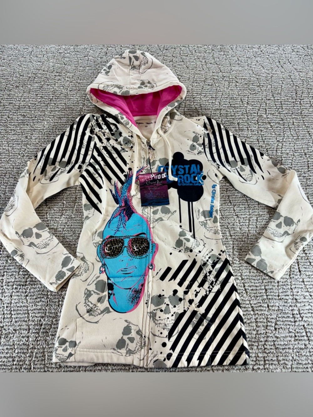 NWT Christian Audigier Women’s XS White /Blue Crystal‎ Rock Full Zip Hoodie